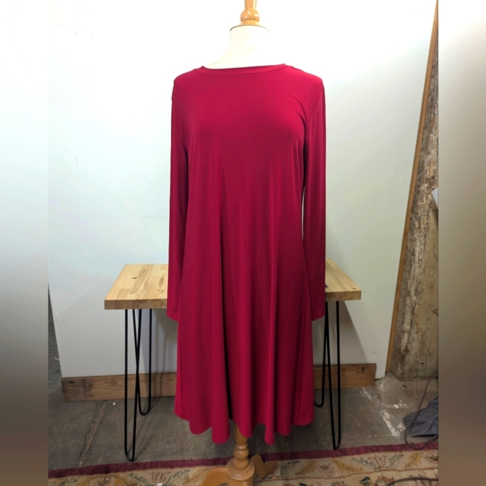 Norma Kamali Red Stretch Jersey Knit Dress Swing Long Sleeve XL Slinky Flare